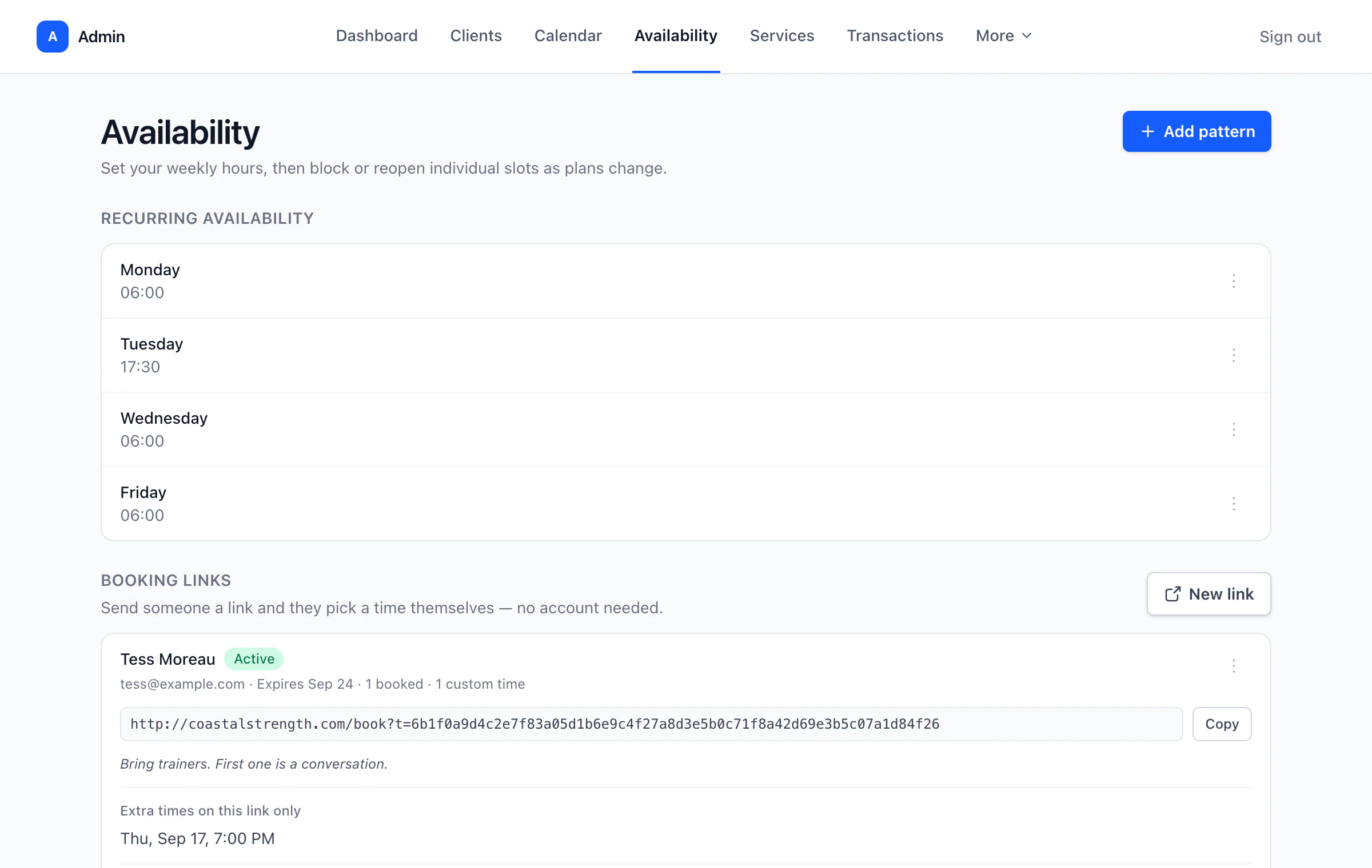 The availability screen: recurring weekly hours, and a booking link made out to one person with the URL to send them.