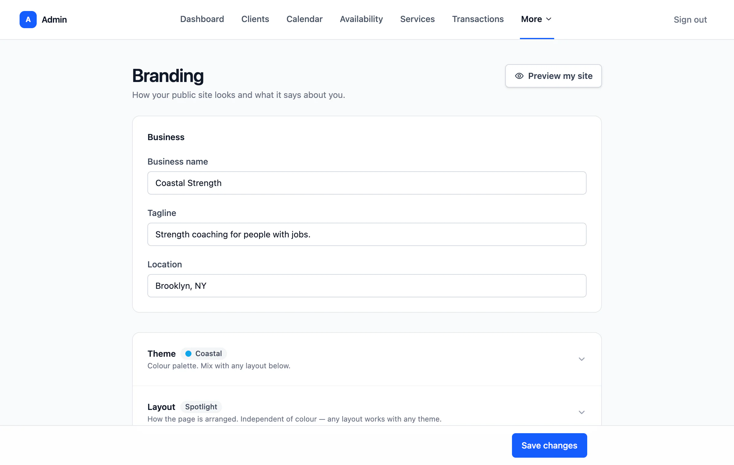 The branding screen, where the site’s name, theme, layout and photo are set.