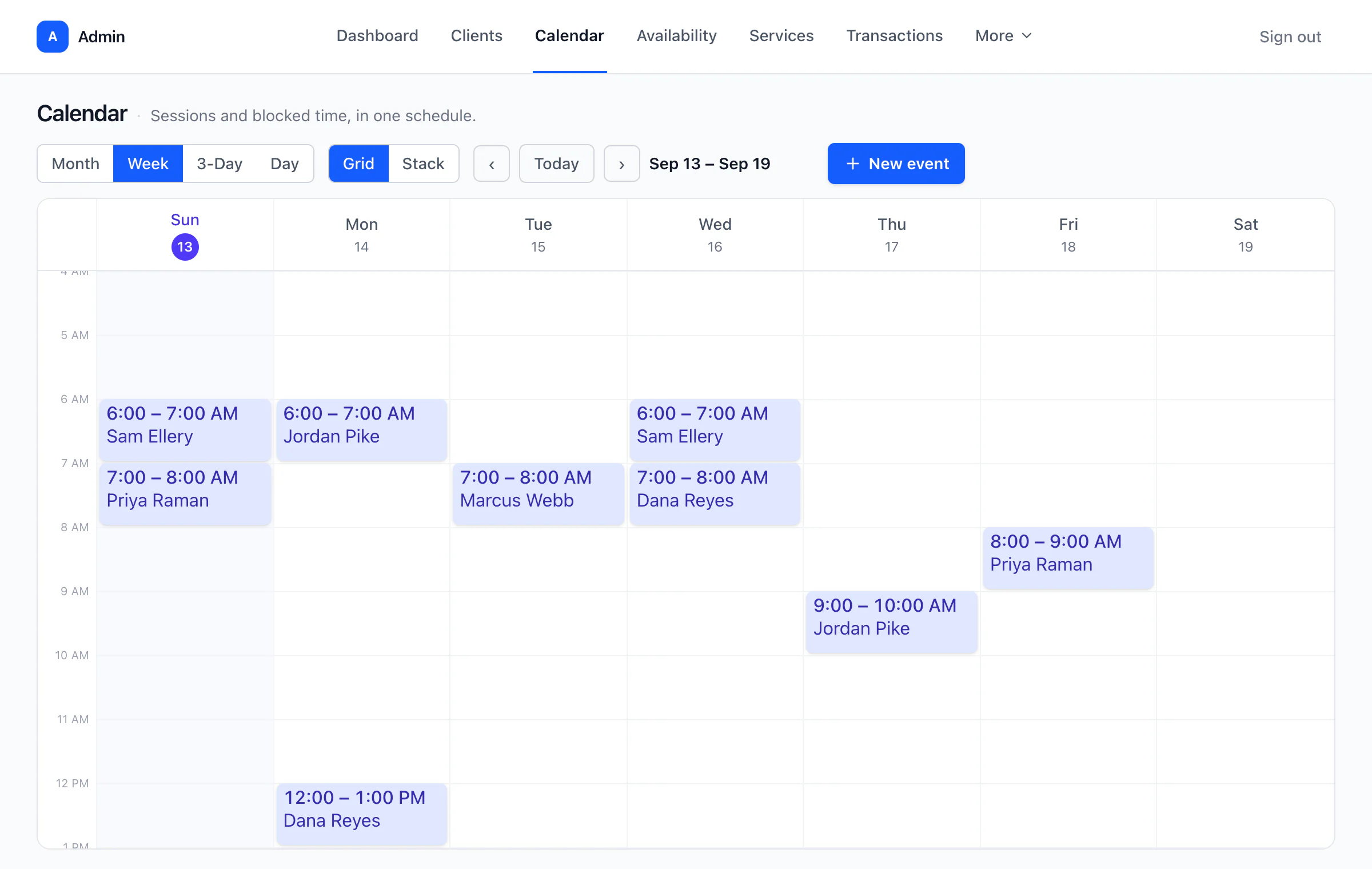 The calendar in week view, with booked sessions across the week and Month, Week, 3 Day and Day controls.