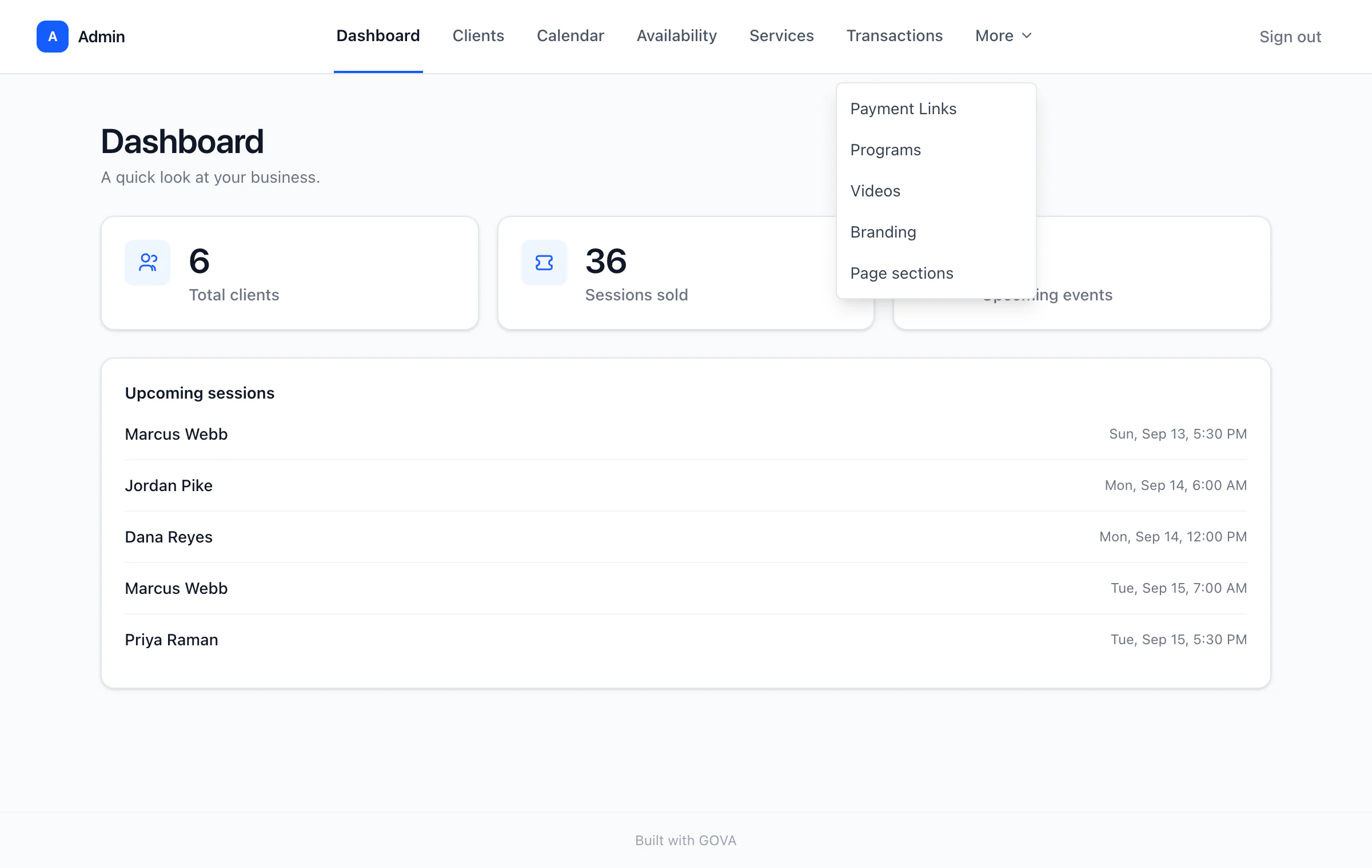 The Exersites admin dashboard: total clients, sessions sold and upcoming events, with the More menu open showing Payment Links, Programs, Videos, Branding and Page sections.