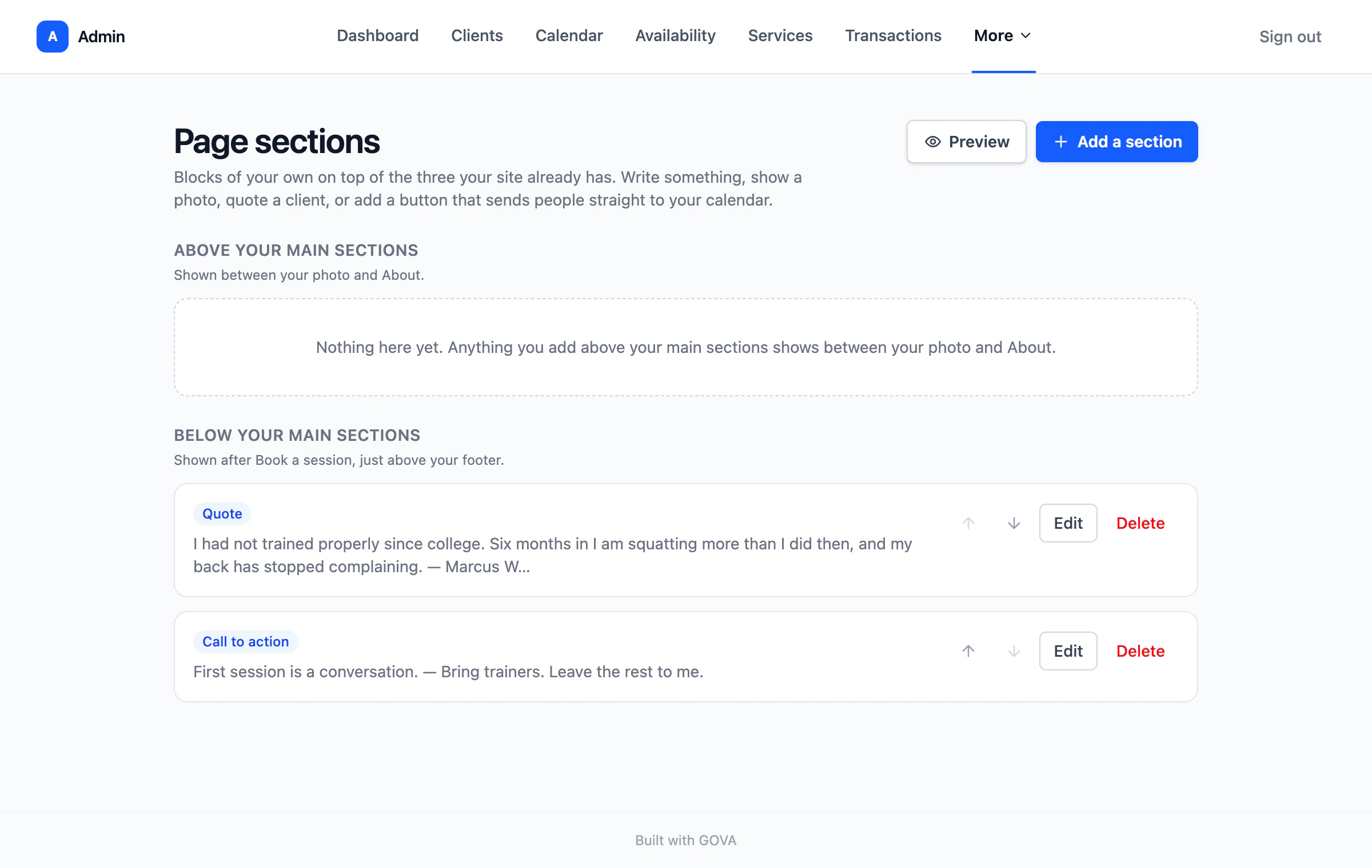 The page sections editor, where a trainer adds their own blocks of words and photos.