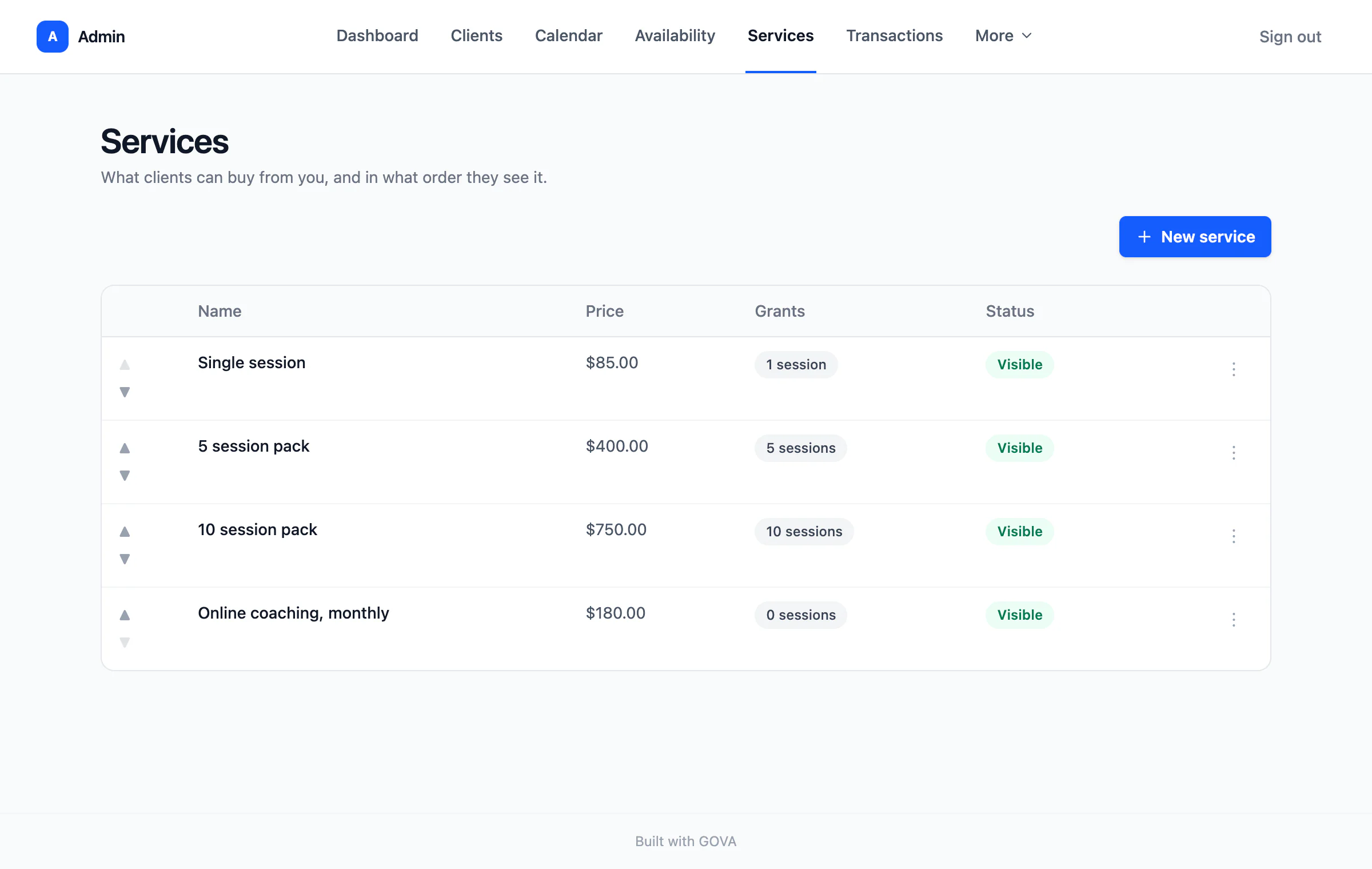 The services screen, listing session packages with their prices.