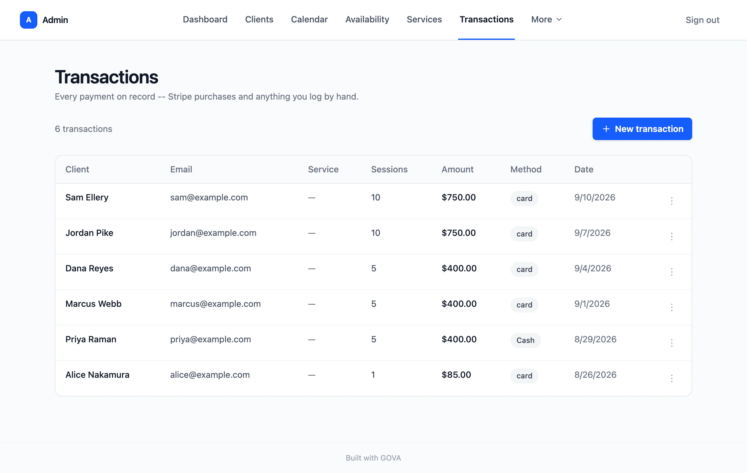 The transactions ledger, showing every payment on record.