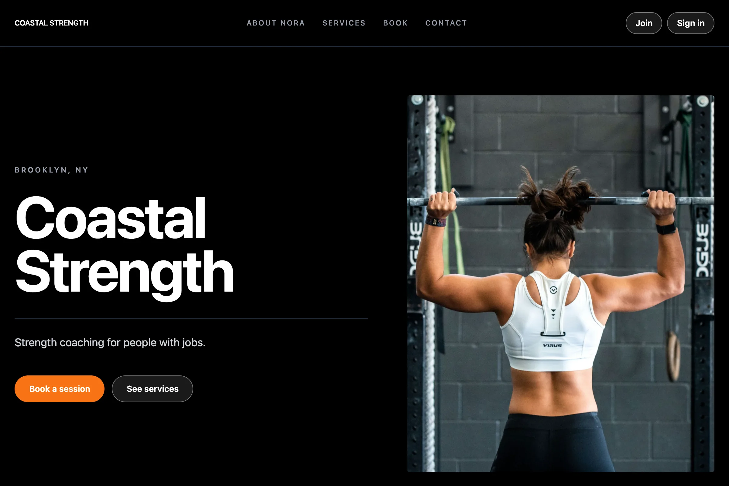 The same site in the Bold palette with the Editorial layout: oversized type on the left, a tall photo on the right.
