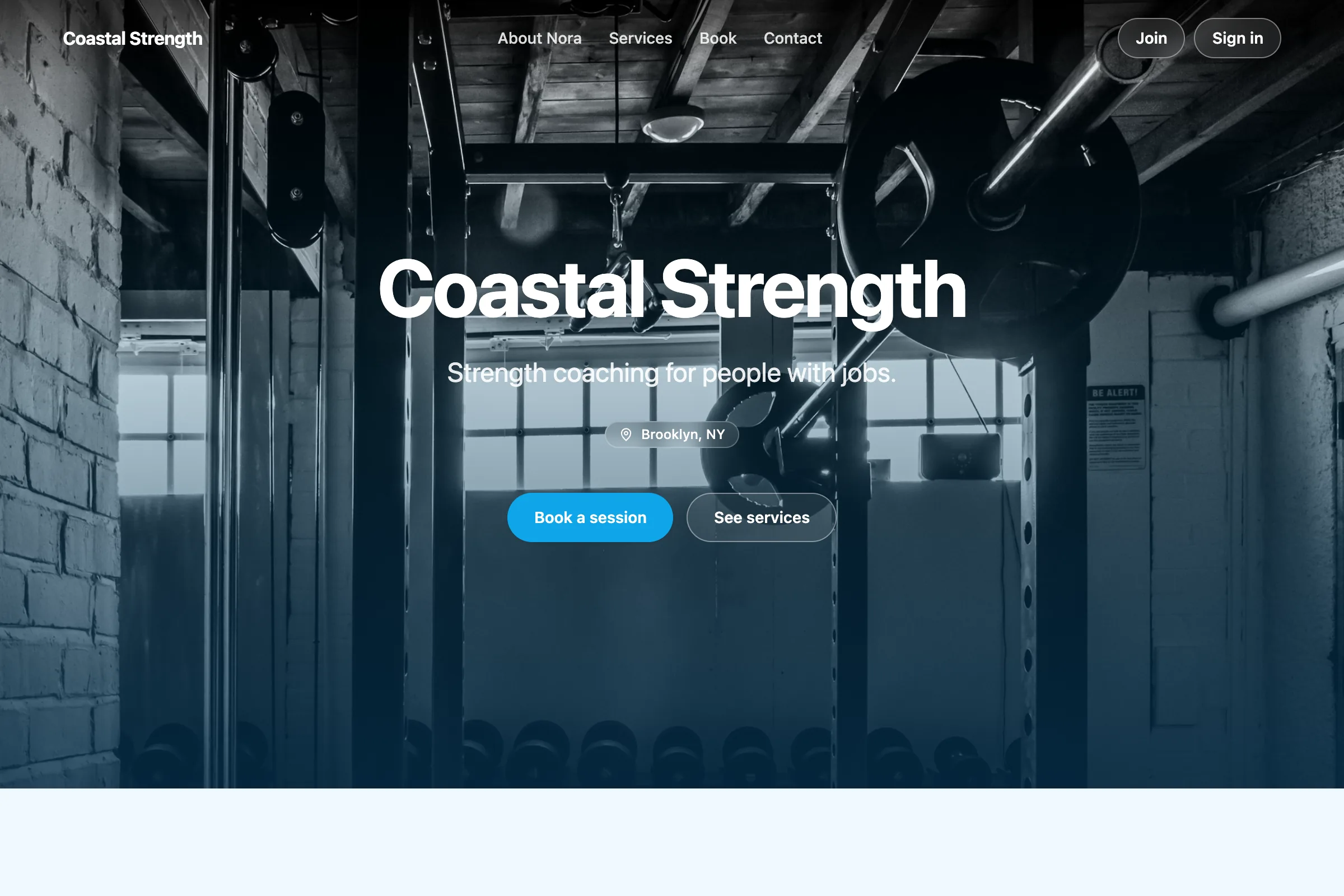 A trainer's site in the Coastal palette with the Spotlight layout: a full width photo with the business name centred over it.
