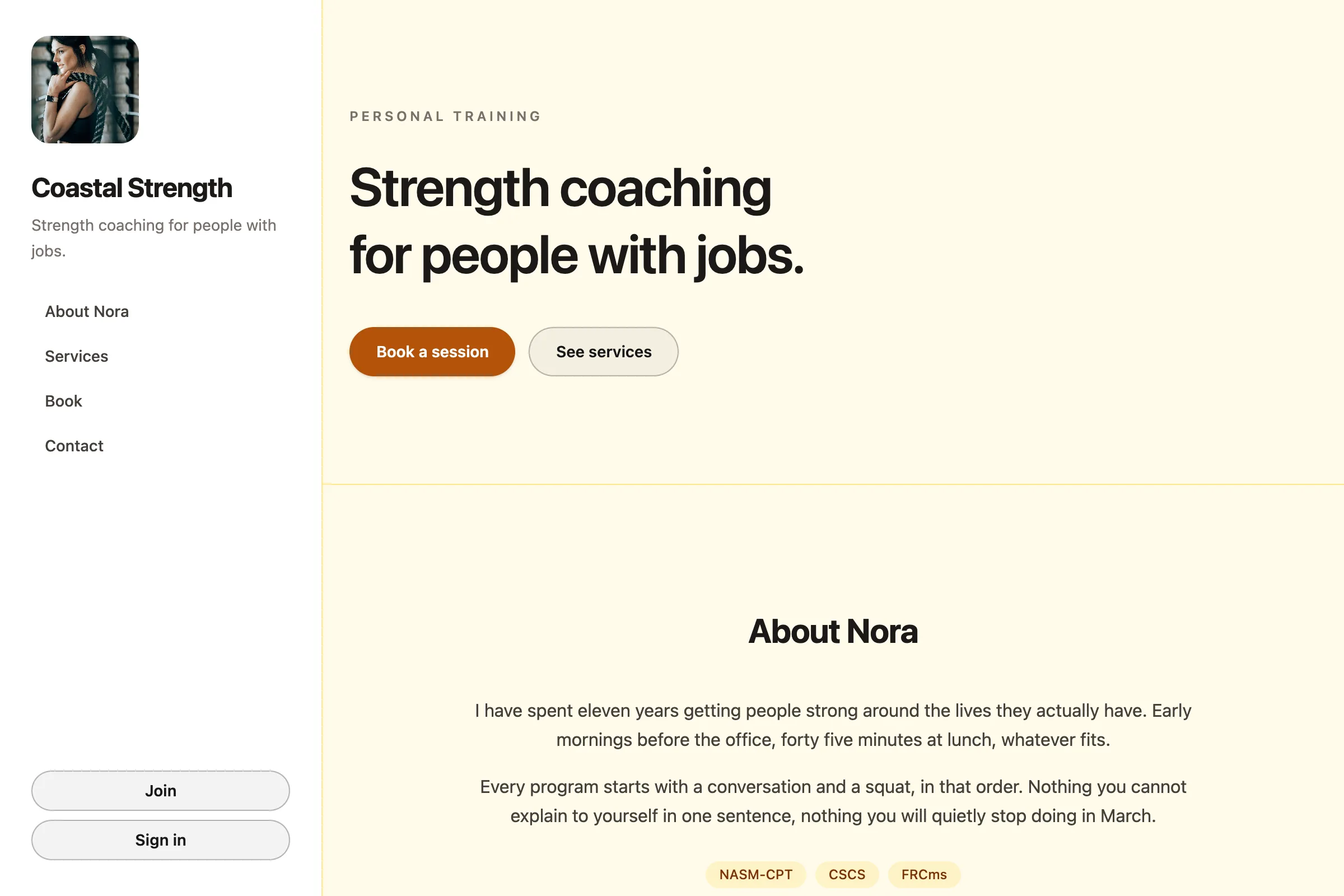 The same site in the Warm palette with the Sidebar layout: name, photo and links pinned down the left.